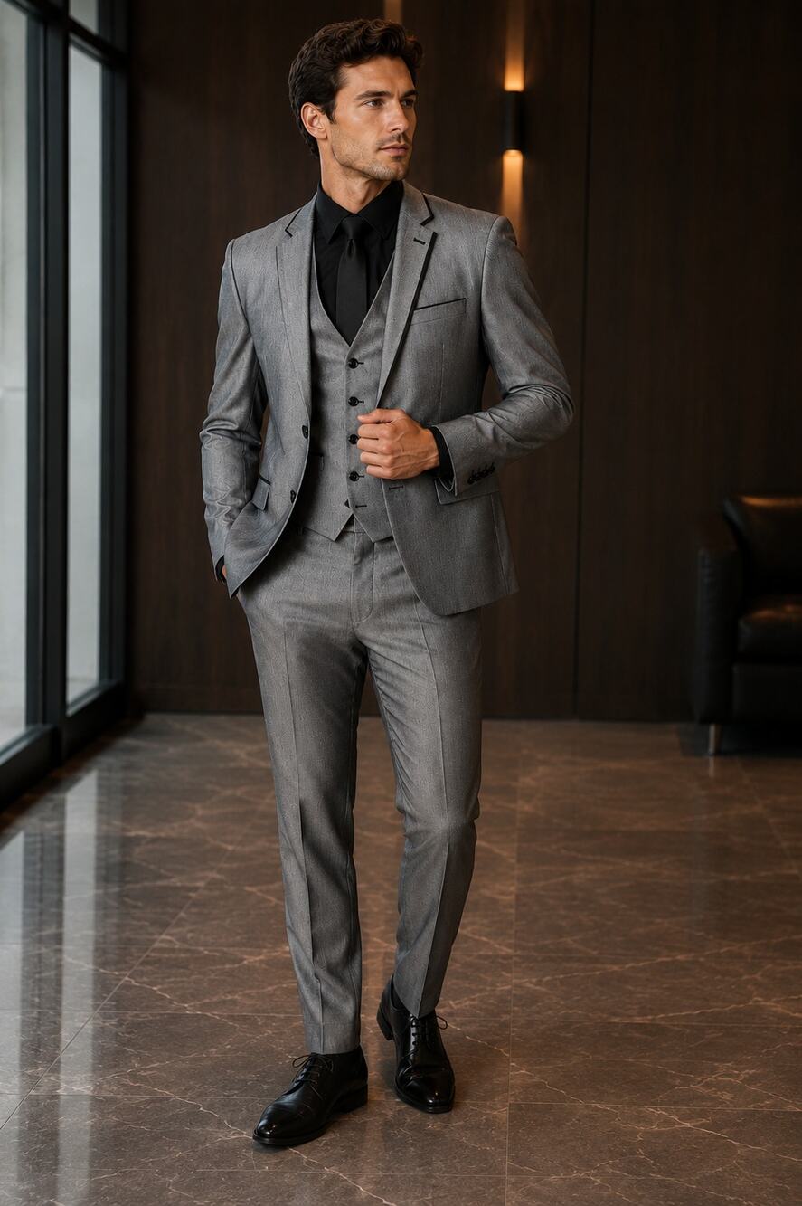 Le Chateau Men's 3 Piece Suit 42 Blazer & 34 Pants with Vest L Gray Slim Fit NWT